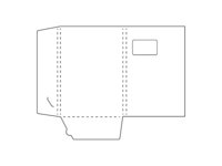 Cartella di carta con due alette, altezza di riempimento e finestra.