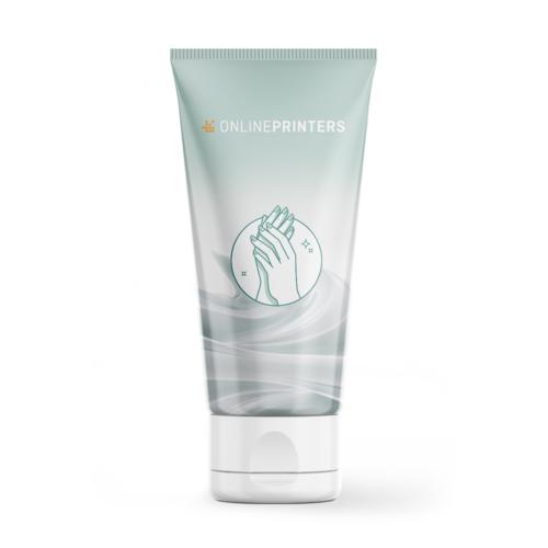 Crema mani turchese chiaro in tubo di plastica con tappo a vite.