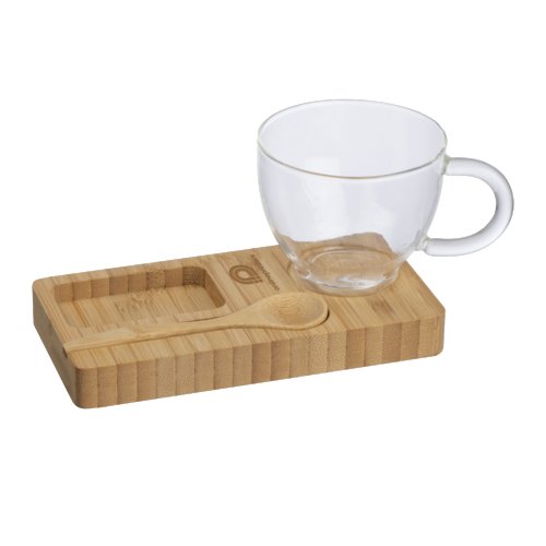 Tagliere in legno con tazza e cucchiaio abbinati.