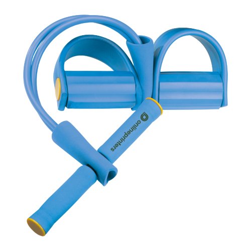 Expander fitness blu in schiuma con maniglie e anelli per i piedi.