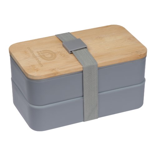 Portapranzo grigio con coperchio in bamb e fascia elastica.
