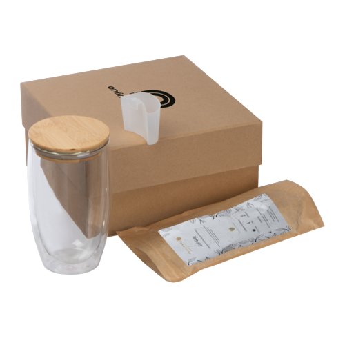 Set regalo t multicolore con vetro, coperchio in bamb e accessori.