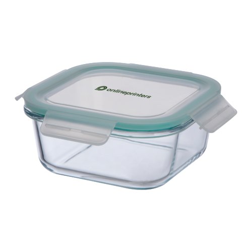 Contenitore per alimenti in vetro trasparente con coperchio azzurro.