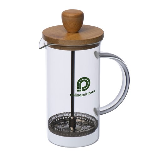 Caffettiera francese in vetro con coperchio in legno e filtro in metallo.