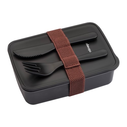 Porta pranzo nero in plastica con elastico e posate.