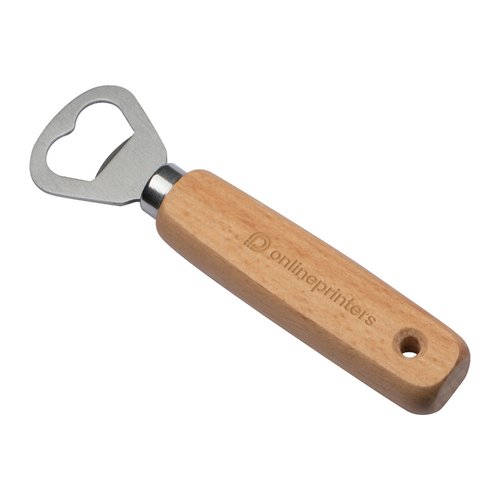 Apribottiglie in legno con testa in metallo e foro per appenderlo.