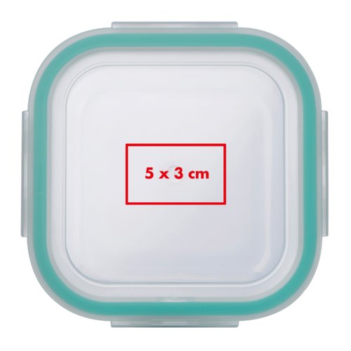 Contenitore trasparente per alimenti con anello di tenuta colorato.