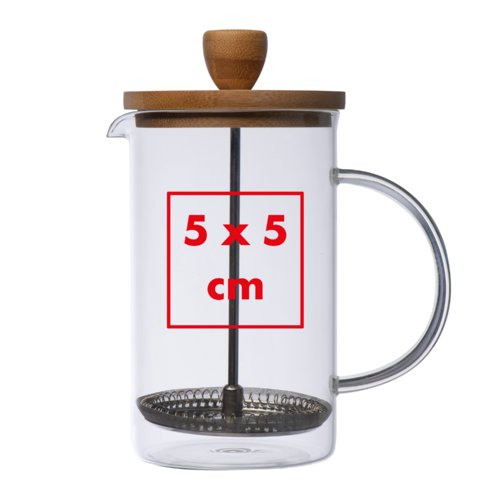 Caffettiera francese in vetro trasparente con filtro in metallo e coperchio in legno.
