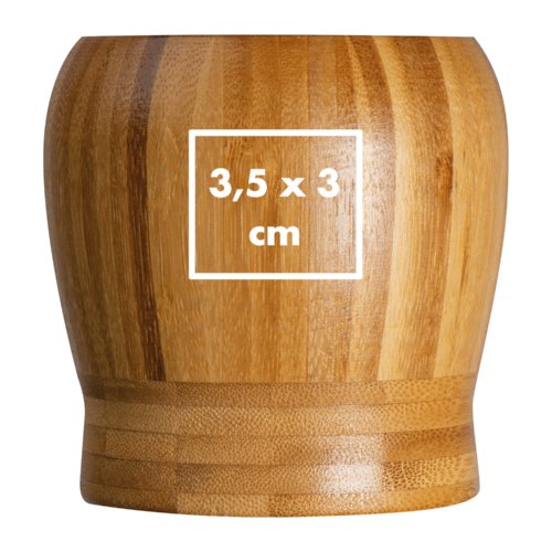 Mortaio in legno chiaro con forma arrotondata.