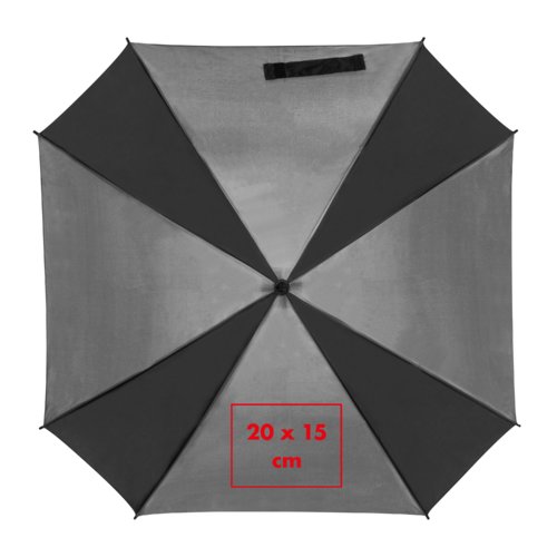Ombrello automatico grigio con custodia e manico.