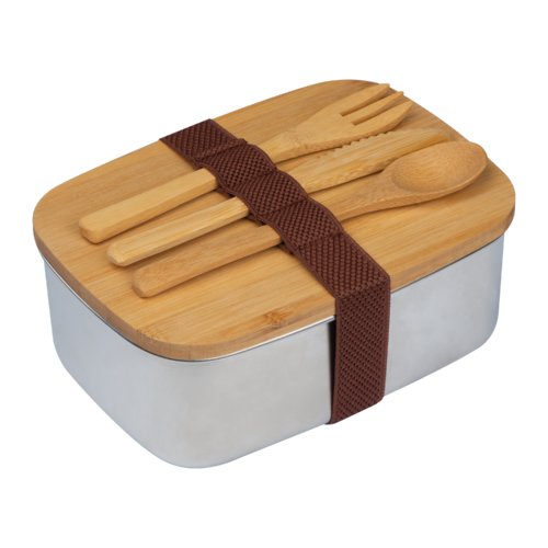 Porta pranzo beige in acciaio inossidabile con coperchio in bamb e fascia elastica.