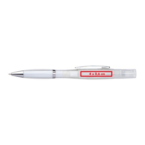Penna a sfera in plastica bianca con funzione spray e clip.