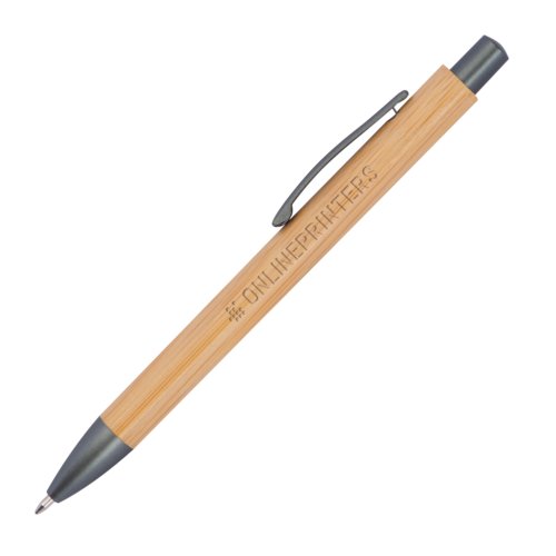 Penna a sfera in bamb color legno chiaro con clip e meccanismo a pressione.