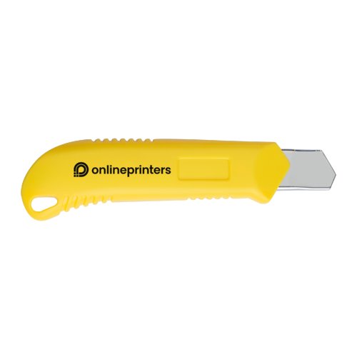 Cutter giallo in plastica con lama in metallo.