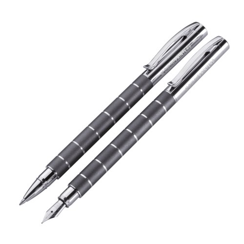 Set da scrittura in metallo grigio con penna a sfera e penna stilografica.