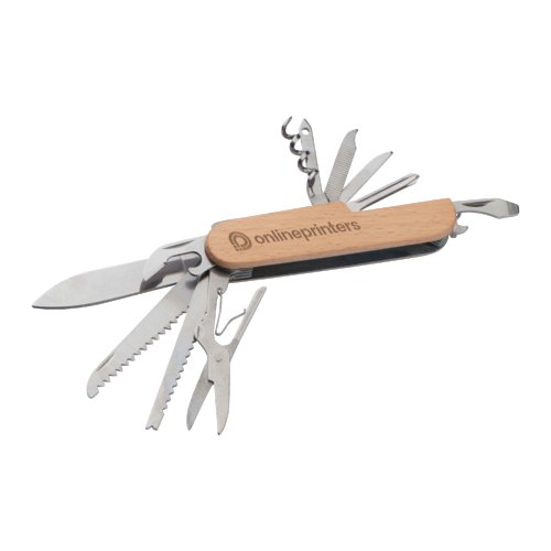 Coltellino svizzero beige in legno con diversi utensili in metallo.