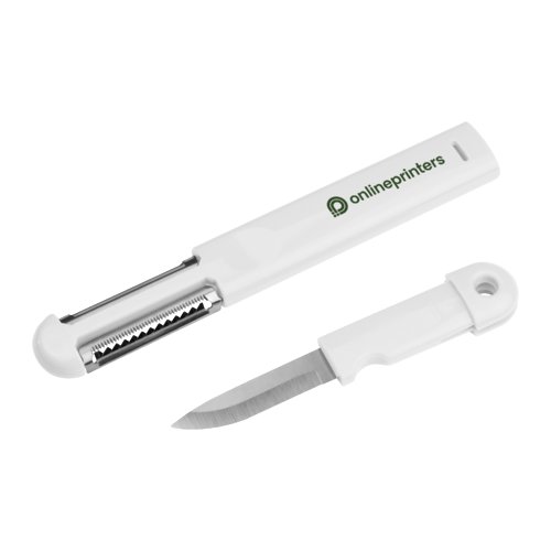 Pelapatate 3 in 1 bianco in plastica con coltello.