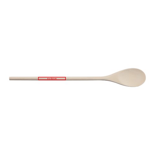 Cucchiaio da cucina in legno chiaro con manico lungo.
