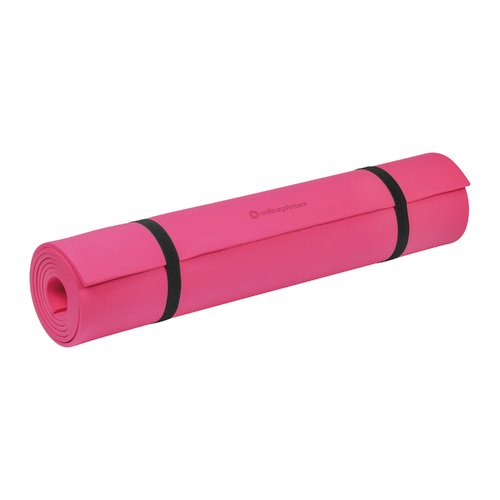 Tappetino yoga rosa in schiuma con cinghie di supporto.
