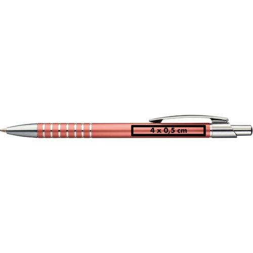 Penna a sfera in metallo rosa con clip e meccanismo a scatto.