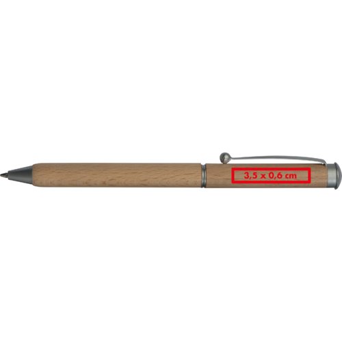 Penna a sfera in legno con clip e meccanismo a pressione.