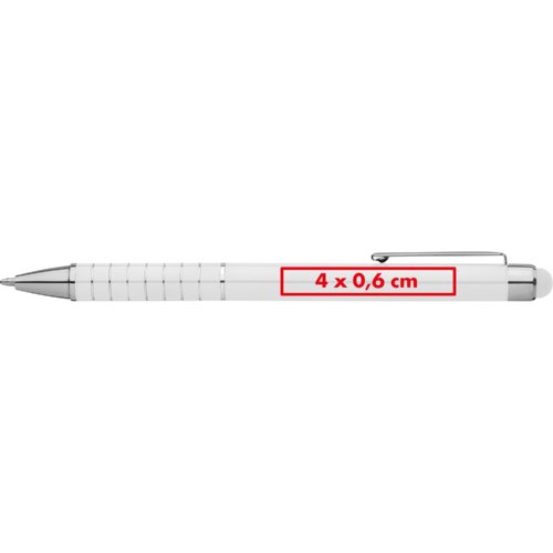Penna a sfera bianca con touch-pen e clip.