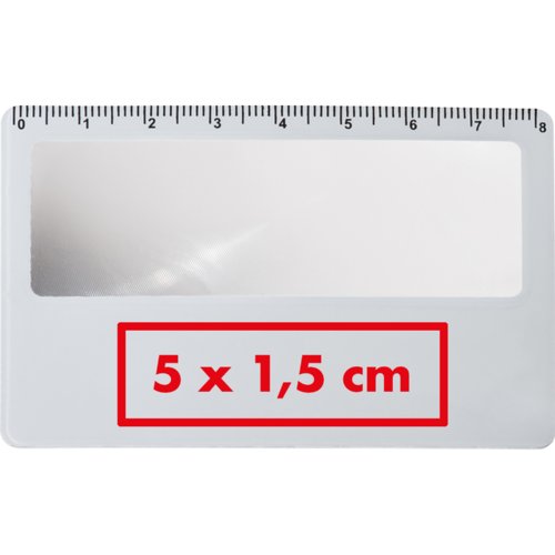 Lente d'ingrandimento bianca in plastica formato tessera con righello.