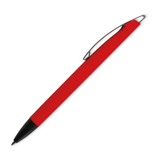 Penna a sfera rossa con clip e meccanismo a pressione.