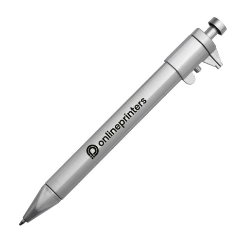 Penna a sfera in plastica argentata con calibro.