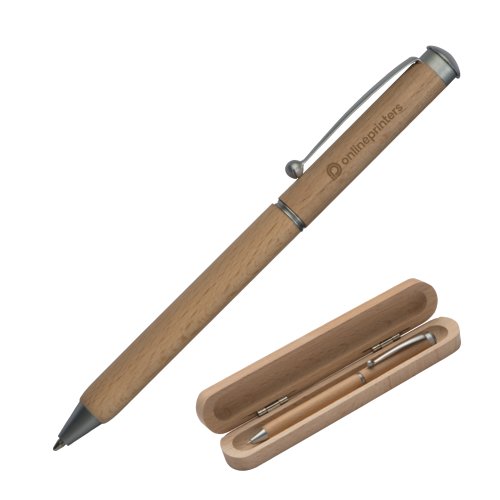 Penna a sfera in legno di faggio color legno con elementi metallici e scatola abbinata.
