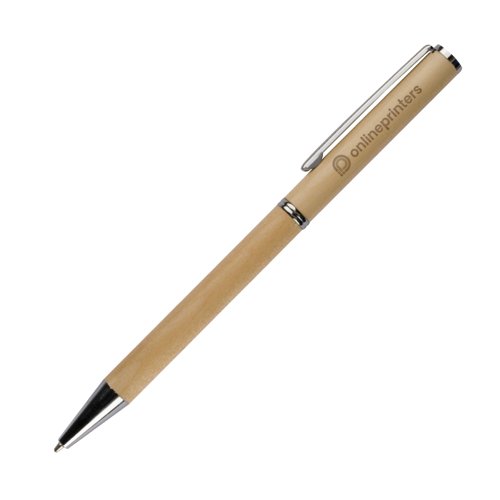 Penna a sfera in legno con clip e meccanismo a pressione.