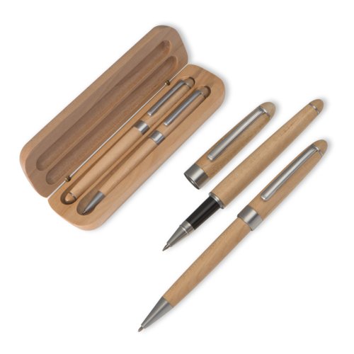 Set da scrittura in legno marrone con penna a sfera, roller e astuccio.