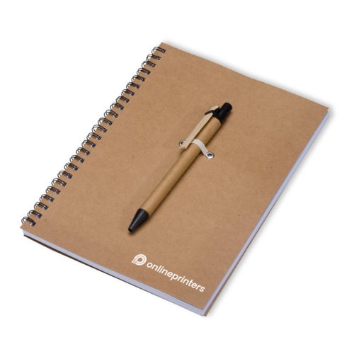 Blocco note ecologico marrone con rilegatura a spirale e portapenna.
