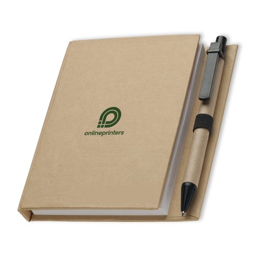 Blocco note marrone con penna a sfera di carta ed elastico.