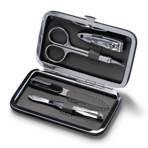 Set manicure antracite in custodia PU con vari strumenti.