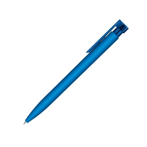 Penna a sfera blu in plastica con finitura soft-touch e clip.
