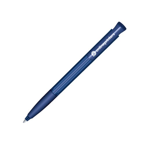 Penne a sfera in plastica blu scuro con pulsante e impugnatura morbida.