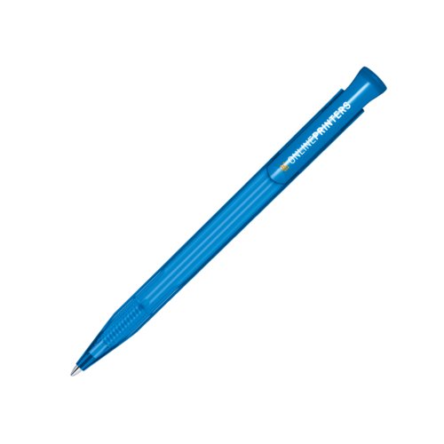 Penna a sfera in plastica blu con pulsante.