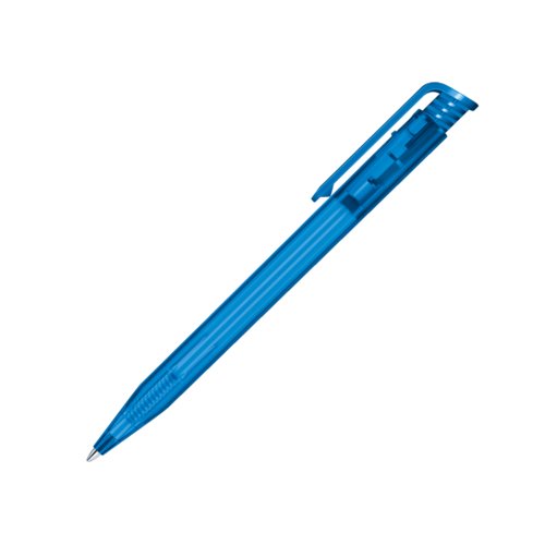 Penna a sfera in plastica blu con clip e meccanismo a scatto.