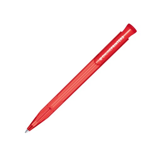 Penne a sfera in plastica rossa con meccanismo a pulsante.