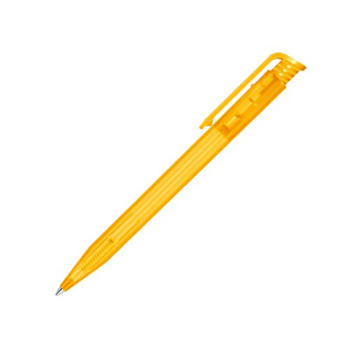 Penna a sfera in plastica gialla con clip e meccanismo a scatto.