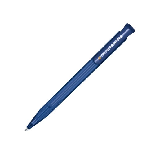 Penne a sfera in plastica blu scuro con pulsante.
