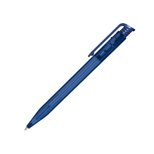 Penne a sfera in plastica blu scuro con meccanismo a scatto e clip.