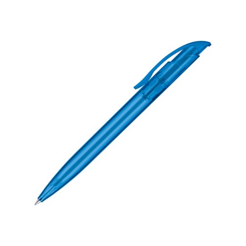 Penne a sfera blu traslucida in plastica con clip e meccanismo a scatto.