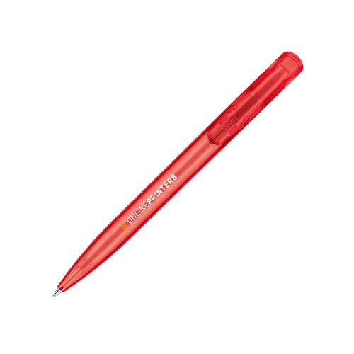 Penne a sfera in plastica rossa traslucida con meccanismo a scatto.