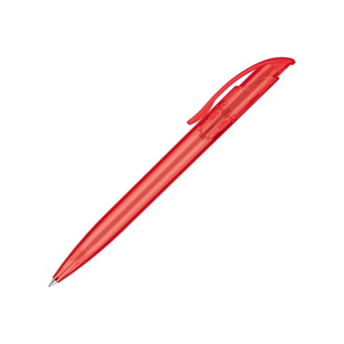 Penna a sfera rossa in plastica satinata con clip e meccanismo a scatto.
