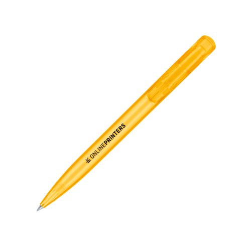 Penna a sfera in plastica gialla con meccanismo a scatto.