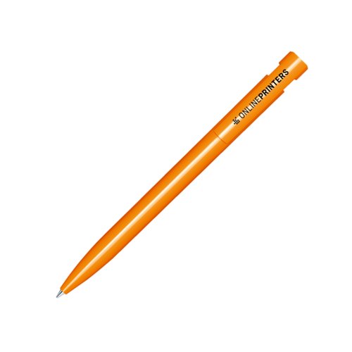 Penne a sfera arancione in plastica con finitura lucida e meccanismo a scatto.