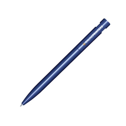 Penna a sfera in plastica blu scuro con finitura lucida e pulsante a pressione.