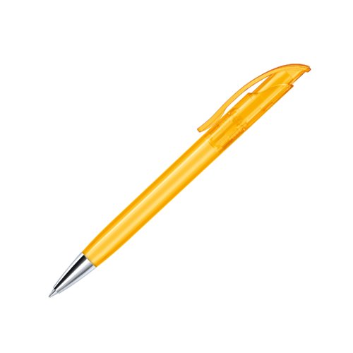 Penna a sfera gialla in plastica con elementi in metallo e clip.